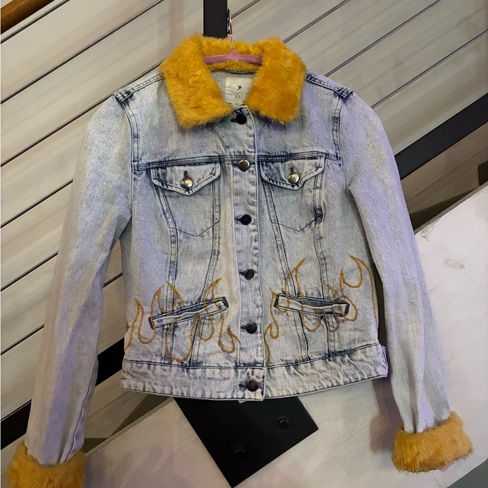 Forever 21 Light Blue Jean Jacket with Yellow Accents